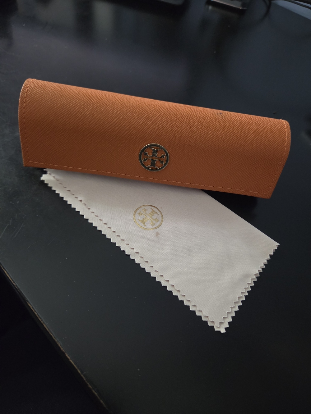 Tory Burch Orange Eyewear Case with Logo Emblem and Cloth